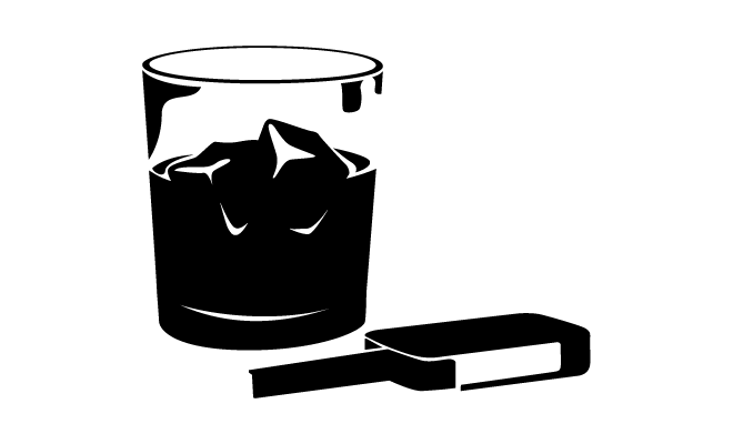 Vector illustration of a glass of whiskey with glass cubes and a car key next to it.